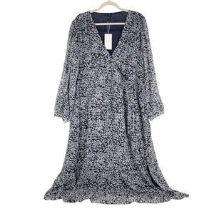 Mango Wrap Dress Women’s Size 2XL US 16 Blue Flowy Long Puffy Sleeve NWT $80